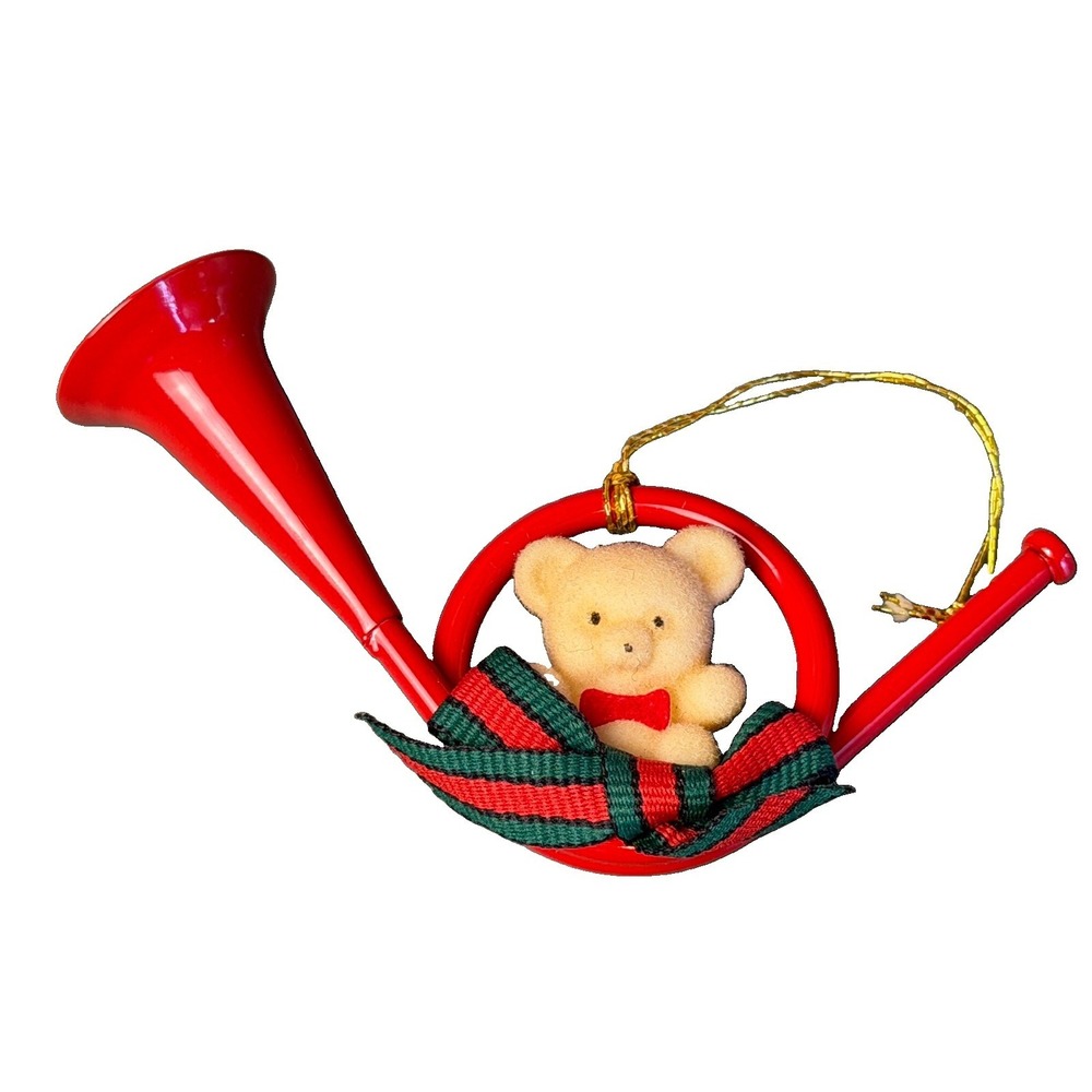 Vintage 1983 Avon Teddy Bear Ornament French Horn 4"x2.12"x.12"
